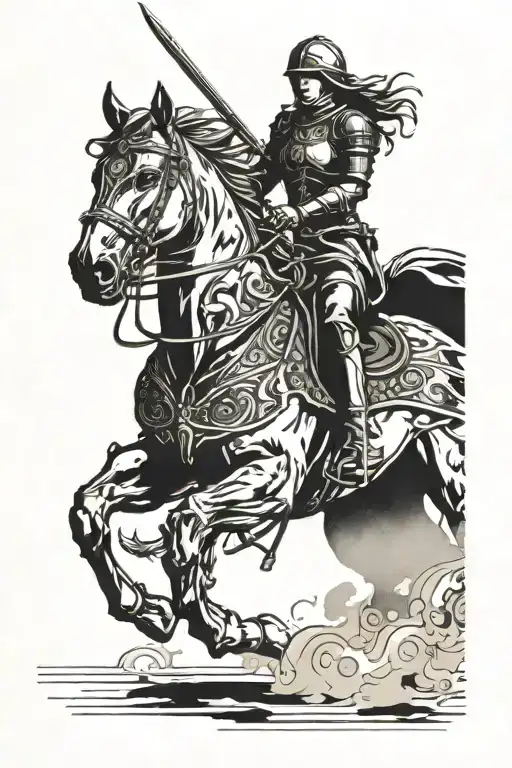Battle Horse Galloping Front View With Female Knight On Horseback