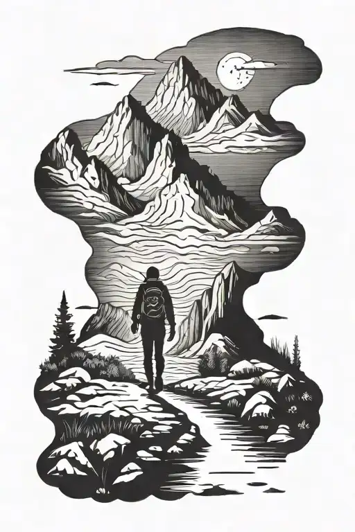 A Silhouette Of A Traveler Walking Through A Rainy Mountain Landscape