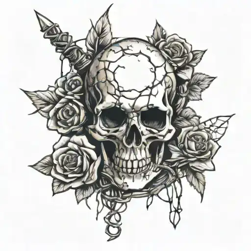 Skull With Roses And Barbed Wire Wrapped Hand Holding