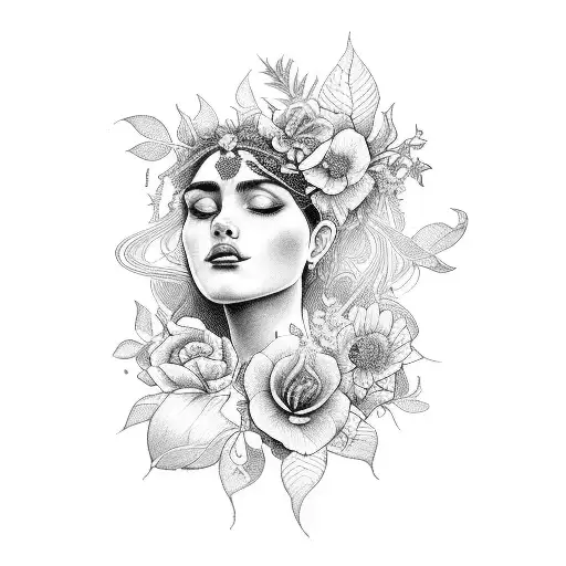 A Mesmerizing Portrait Of A Goddess With Flowers Blooming From Her Hair