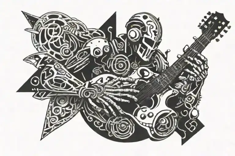 A Robotic Arm Playing A Guitar With Greek Mythology Symbols Intertwined