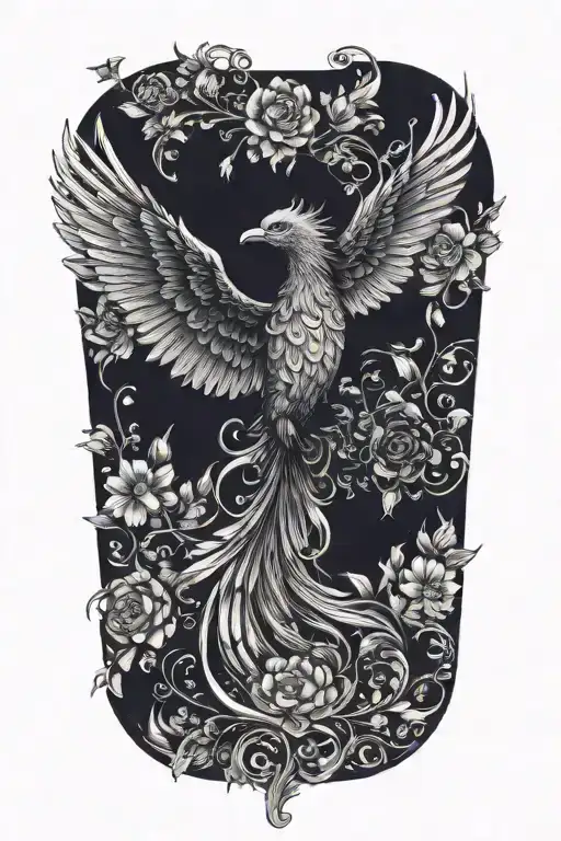 Black And White Phoenix With Wings Above Head Emerging From Flowers