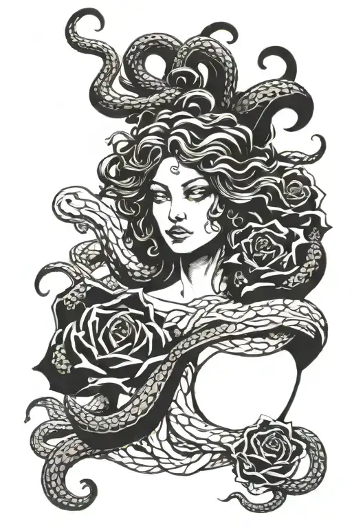 Medusa With Snake Wrapped Around Neck And Fire Rose And A Black Rose