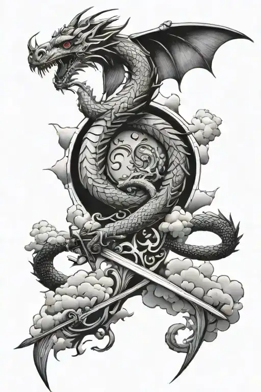 Dragon And Sword And Clouds Surrounding