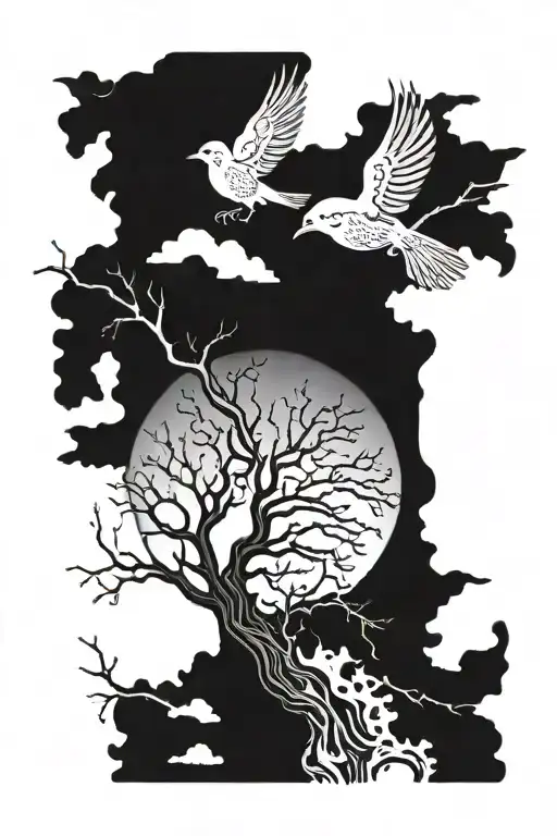 Tree Ornament Sleeve With Birds And Sky In Slavic Style
