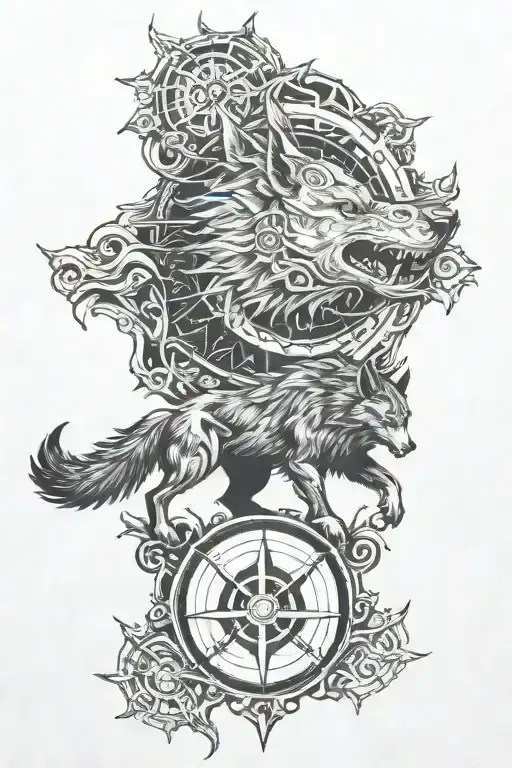 Evil Fenrir With Viking Compass And A Forestry Backround