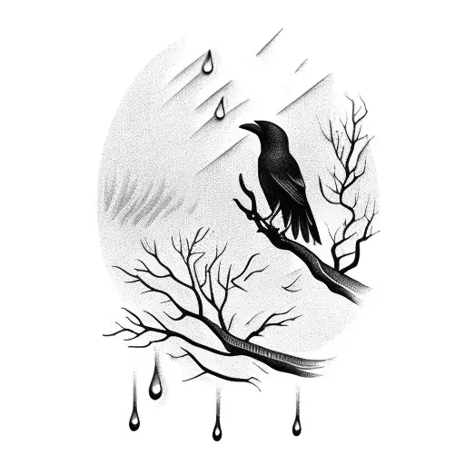 Crow Perched On A Branch With Rain In The Background