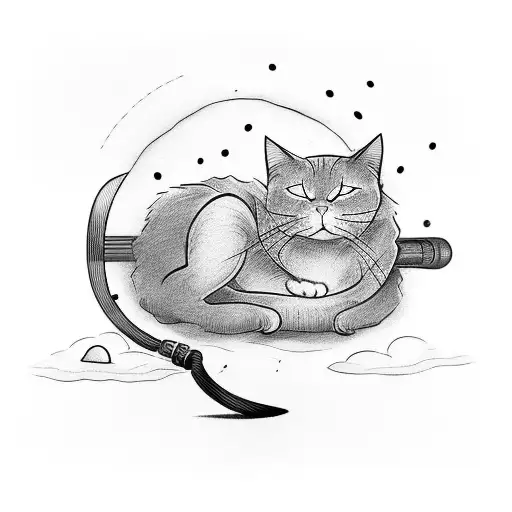 A Line Art Of A Black Cat Sleeping Under A Lamp