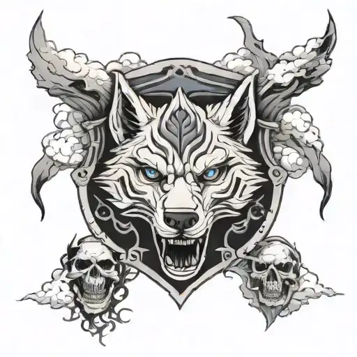 Blue Eyed Wolf Skull Demon Raider Shield Tree Mountain Clouds Storm