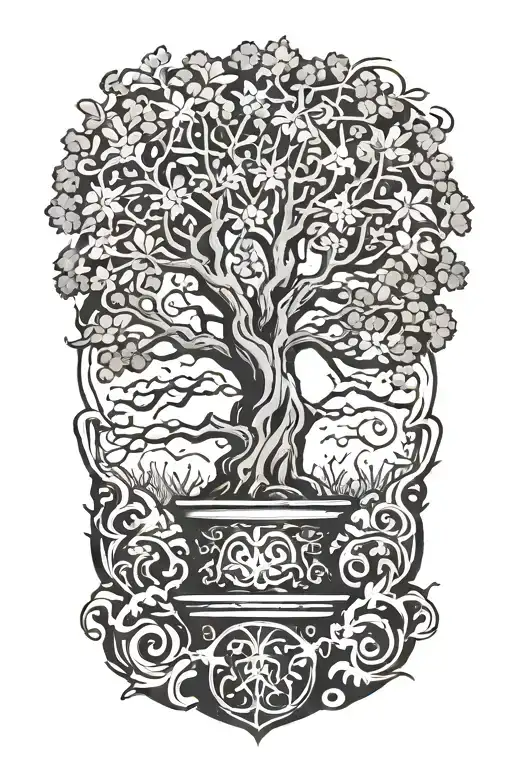 Combine Elements Of An Oak Tree And A Kota Mask To Create A Unique And Mystical Tattoo Design