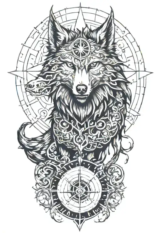 Evil Fenrir With Viking Compass And A Forestry Backround