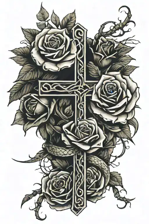 Cross And Roses And Thorns And A Snake Wrapped