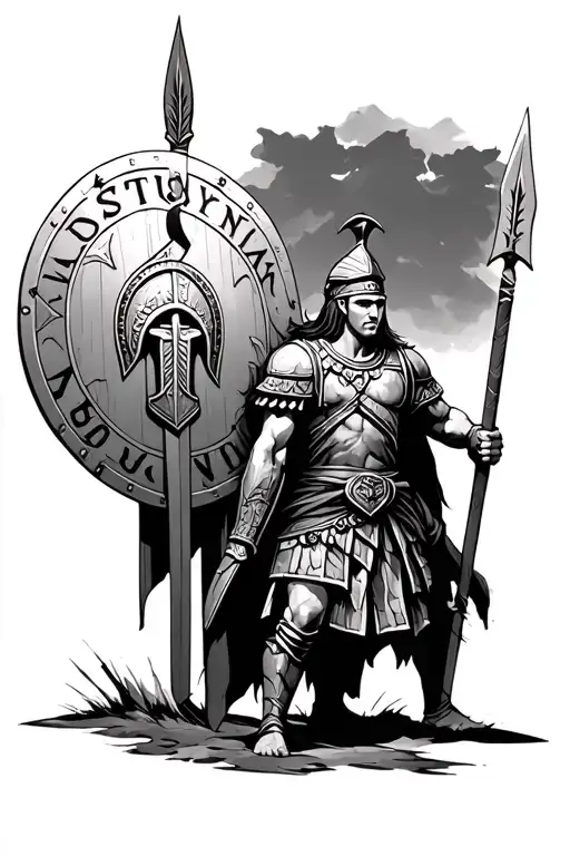 A Spartan Warrior With A Spear And A Shield With The Inscription Justyna On It