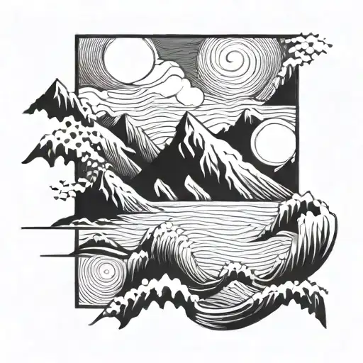 A Geometric Mountain Range Merging Into Crashing Ocean Waves