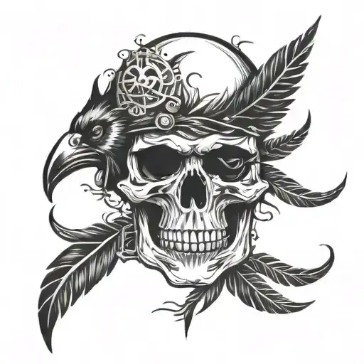 A Traditional Style Skull With Raven Feathers And Heavy Metal Symbols