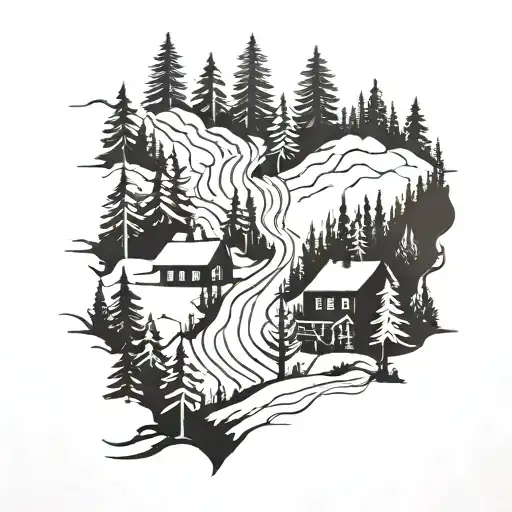 A Tattoo Of A Forest Scene With Ski Tracks Leading To A Hidden Italian Village