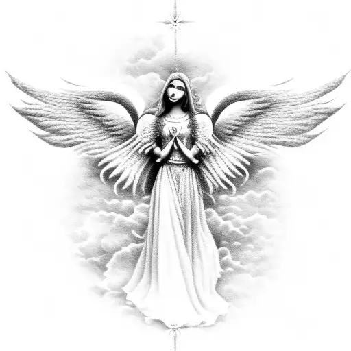 A Dotwork Tattoo Of A Guardian Angel With Wings Made Of Clouds
