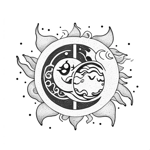 A Whimsical Sun And Moon Embracing Fire And Water Surrounded By Books
