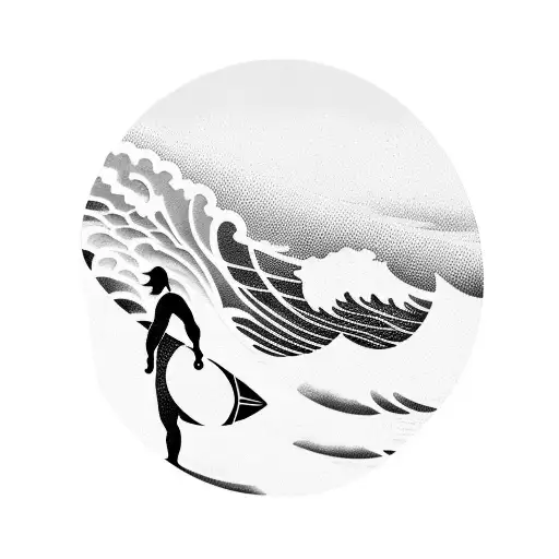 A Wave Crashing Over A Surfboard With The Silhouette Of A Plane In The Background