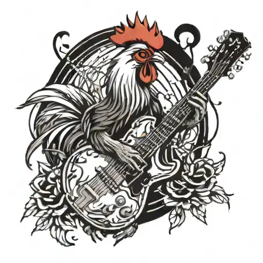 A Rooster Playing A Guitar Surrounded By Paintbrushes And Musical Notes