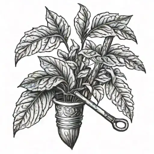 A Tobacco Plant Intertwined With Farming Tools Like A Pitchfork And Shovel