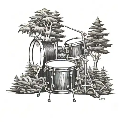 A Drum Set Surrounded By A Lush Forest With A Hidden Dog Peeking Out From Behind A Tree