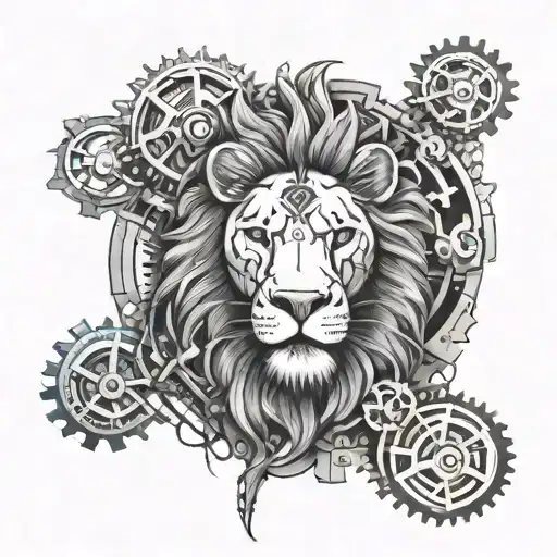 Futuristic Lion With Gears And Siberpunk Background