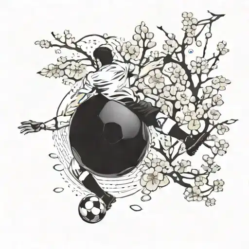 A Blackwork Tattoo Of A Football Player Kicking A Ball With Cherry Blossom Petals Around