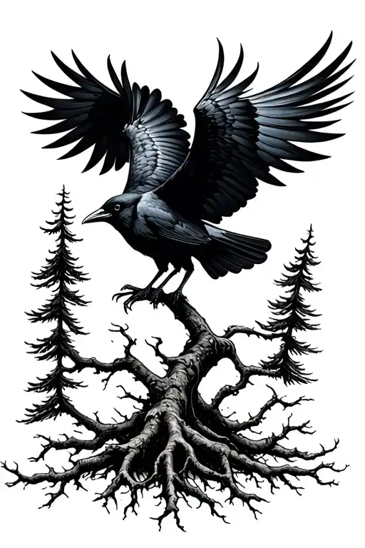 Crow Flying Surrounded By Slim Pine Trees With Roots