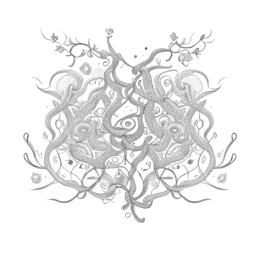 A Delicate Blackwork Tattoo Of A Capricorn Constellation Intertwined With Vines And Flowers