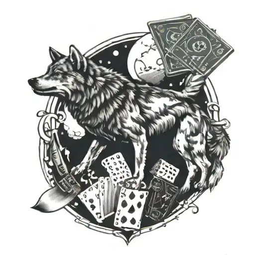 A Wolf Howling At A Full Moon Surrounded By Playing Cards And Video Game Controllers