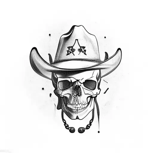Skull Wearing A Cowboy Hat With Cross 12 Gauge Shotguns Behind It
