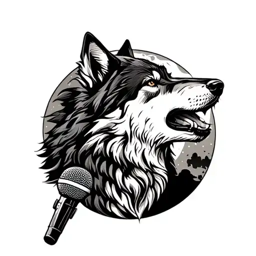 A Wolf Howling At The Moon With A Microphone In Its Paw