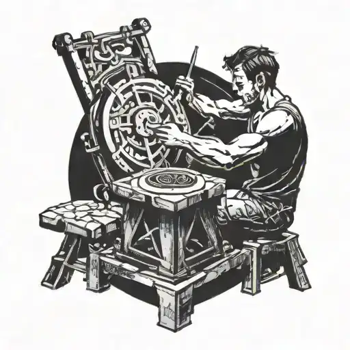 Man Sitting At Grind Stone Wheel Sharpening A Sword