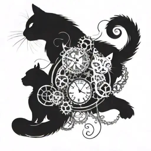 A Mechanical Watch With Intricate Gears And Cogs Intertwined With Delicate Cat Silhouettes