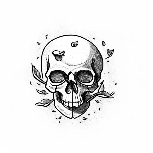 Realistic Skull With Cherry Blosom Petal Flower Falling And Old Broken Pocket Watch