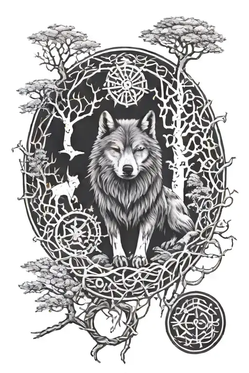 Forest Wolf And Vikings Symbols With Tree