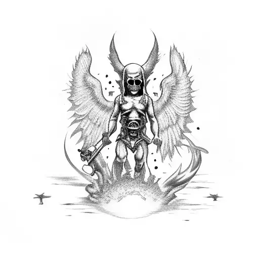 Baby Angel Shooting At Demon With Skulls Everywhere