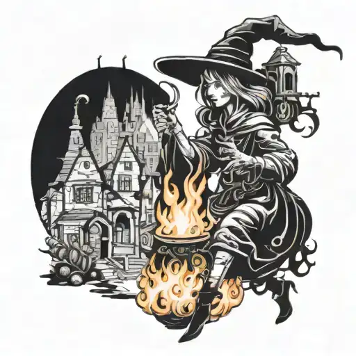 A Witch Casting A Spell On A Town's People With Flames Engulfing Them