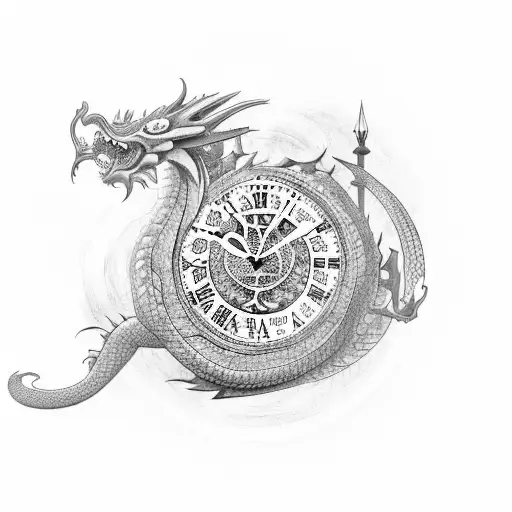 A Tribal Dragon Wrapping Around An Open Heart Clock