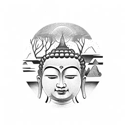 Buddha Eyes With Tree And Mountain Range