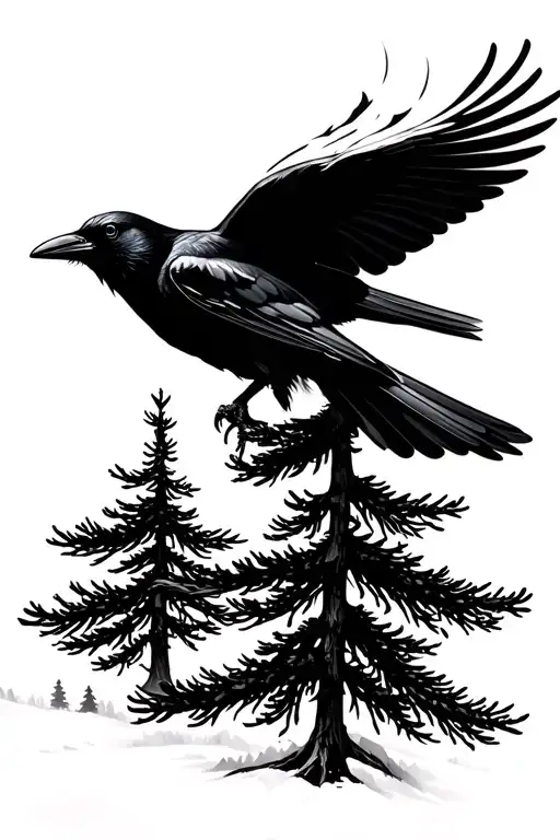 Crow Flying And Pine Trees Background Looking