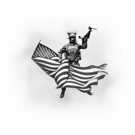 A Silhouette Of A Soldier Holding A Gun Against An American Flag Backdrop