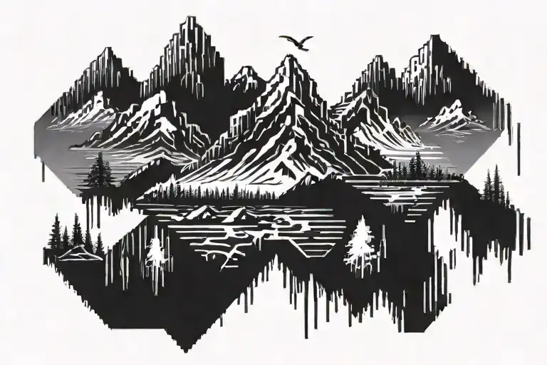 Pixelated Mountain Landscape With Cyber Sigilism