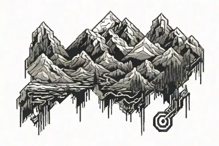 Pixelated Mountain Landscape With Cyber Sigil