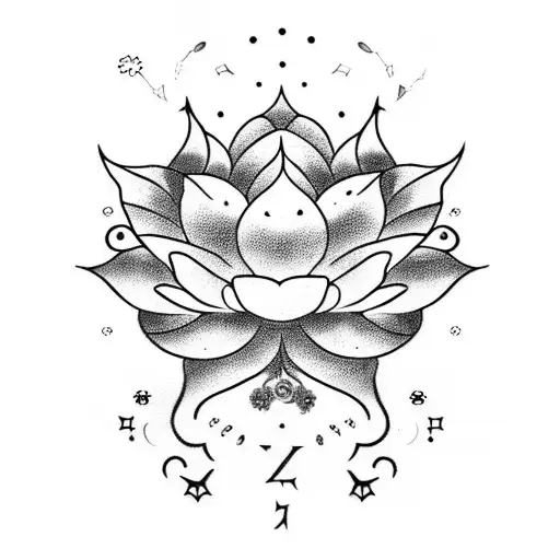 A Blackwork Tattoo Combining Alchemical Symbols With Delicate Lotus Flowers