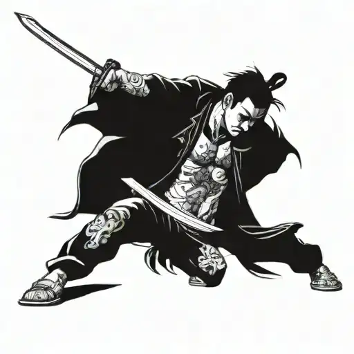 A Yakuza Member With Traditional Irezumi Tattoos Engaged In A Sword Fight
