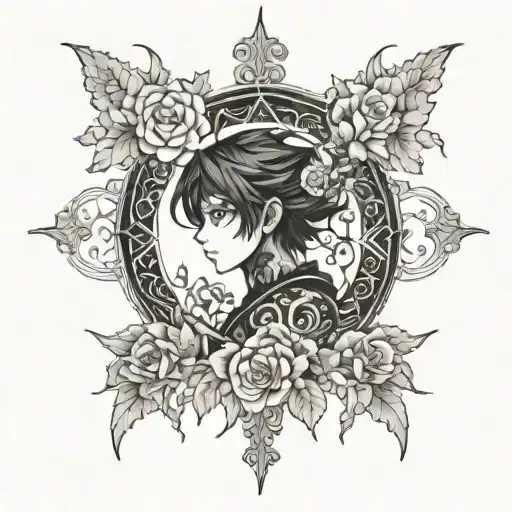 A Tattoo Design Featuring A Dark Anime Character Surrounded By Intricate Floral Patterns