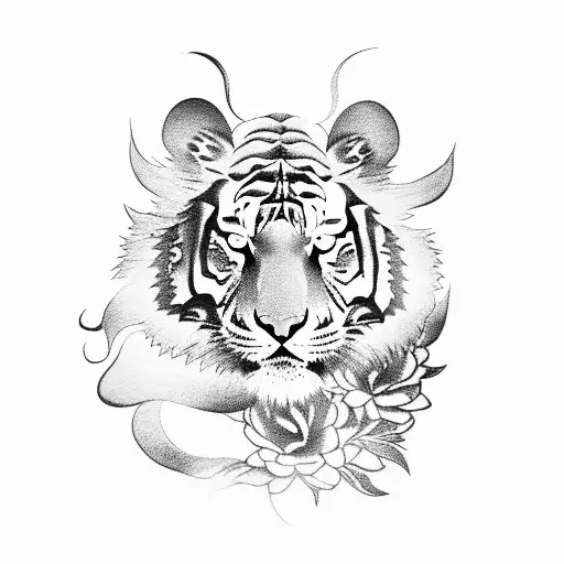 Chinese Zodiac Tiger With Some Flowers