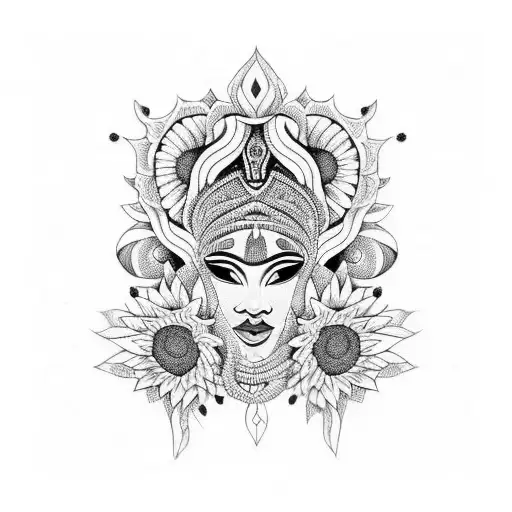 A Graceful Dancer Adorned With African Tribal Patterns And Sunflowers In A Blackwork Style